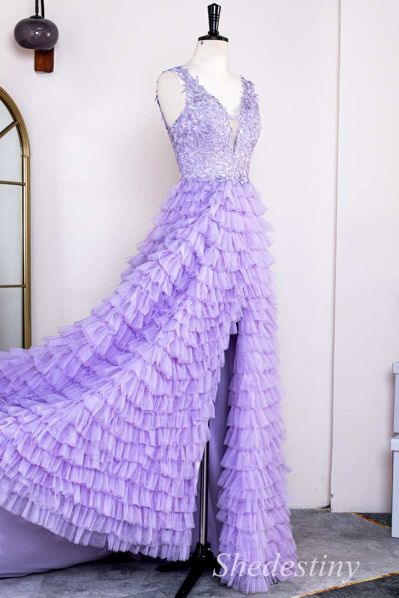 Lavender Appliques Plunge V Backless Ruffle Tiered Long Gown