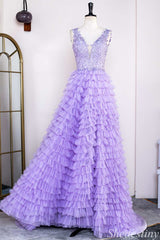 Lavender Appliques Plunge V Backless Ruffle Tiered Long Gown