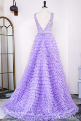 Lavender Appliques Plunge V Backless Ruffle Tiered Long Gown