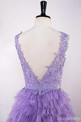 Lavender Appliques Plunge V Backless Ruffle Tiered Long Gown