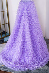 Lavender Appliques Plunge V Backless Ruffle Tiered Long Gown