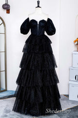 Black Sparkle Tulle Off-the-Shoulder Ruffle Multi-Layer Long Prom Dress