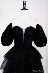 Black Sparkle Tulle Off-the-Shoulder Ruffle Multi-Layer Long Prom Dress