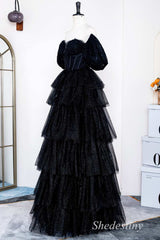 Black Sparkle Tulle Off-the-Shoulder Ruffle Multi-Layer Long Prom Dress