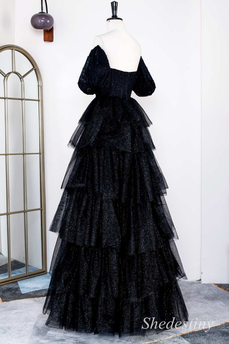Black Sparkle Tulle Off-the-Shoulder Ruffle Multi-Layer Long Prom Dress