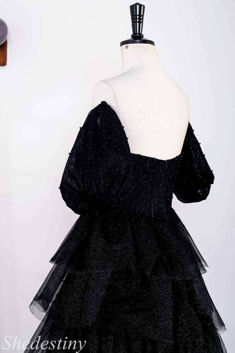 Black Sparkle Tulle Off-the-Shoulder Ruffle Multi-Layer Long Prom Dress