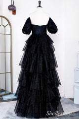 Black Sparkle Tulle Off-the-Shoulder Ruffle Multi-Layer Long Prom Dress