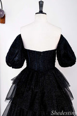 Black Sparkle Tulle Off-the-Shoulder Ruffle Multi-Layer Long Prom Dress