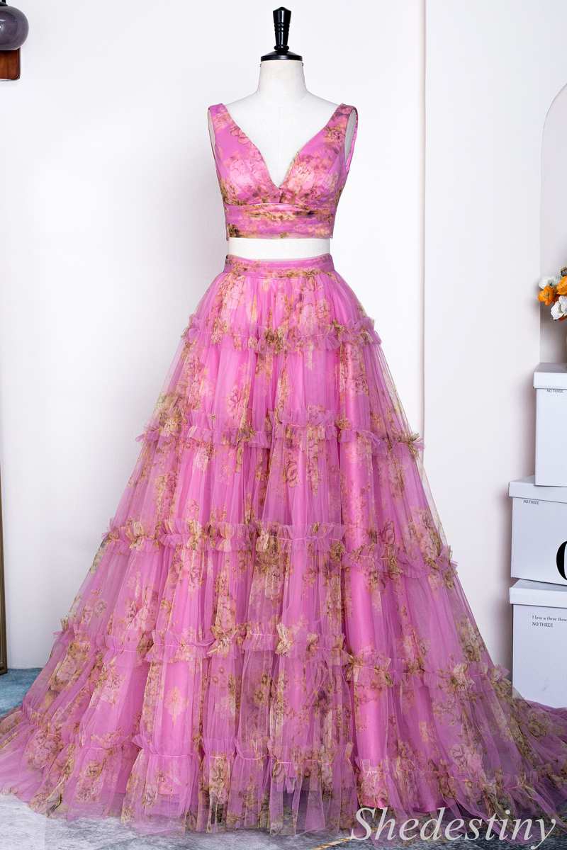 Two-Piece Pink Print V-Neck Ruffle A-Line Long Prom Dress