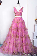 Two-Piece Pink Print V-Neck Ruffle A-Line Long Prom Dress