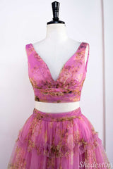 Two-Piece Pink Print V-Neck Ruffle A-Line Long Prom Dress