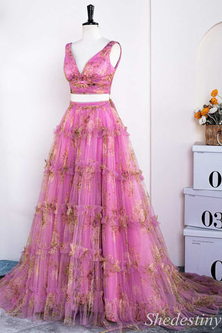 Two-Piece Pink Print V-Neck Ruffle A-Line Long Prom Dress
