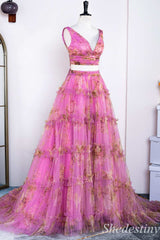 Two-Piece Pink Print V-Neck Ruffle A-Line Long Prom Dress