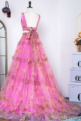 Two-Piece Pink Print V-Neck Ruffle A-Line Long Prom Dress