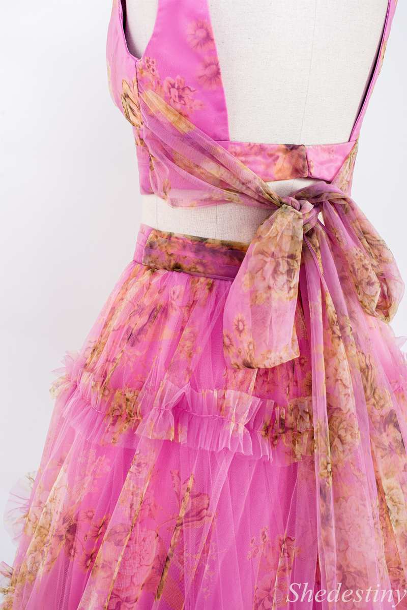 Two-Piece Pink Print V-Neck Ruffle A-Line Long Prom Dress