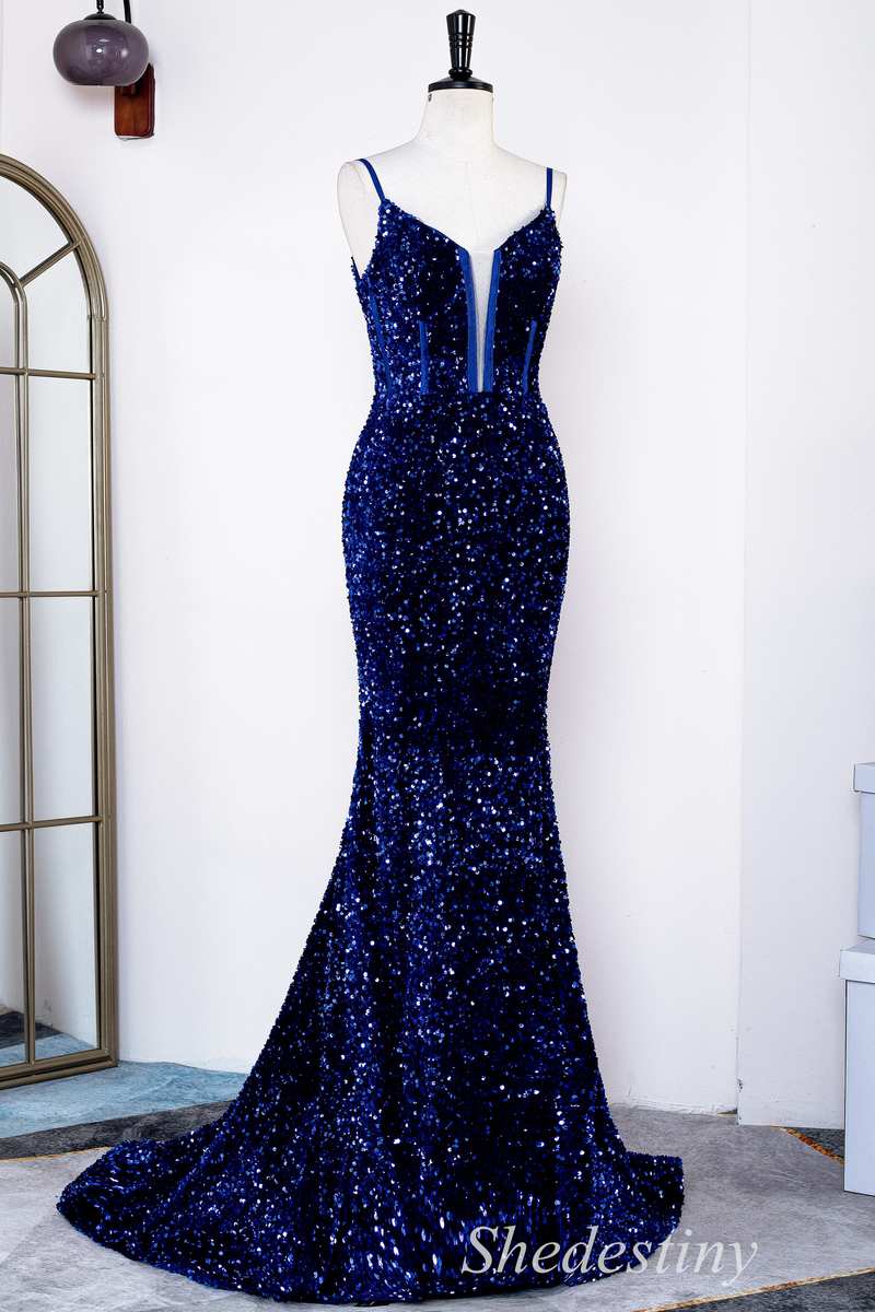 Royal Blue Sequin Spaghetti Strap Mermaid Long Gown