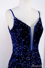 Royal Blue Sequin Spaghetti Strap Mermaid Long Gown