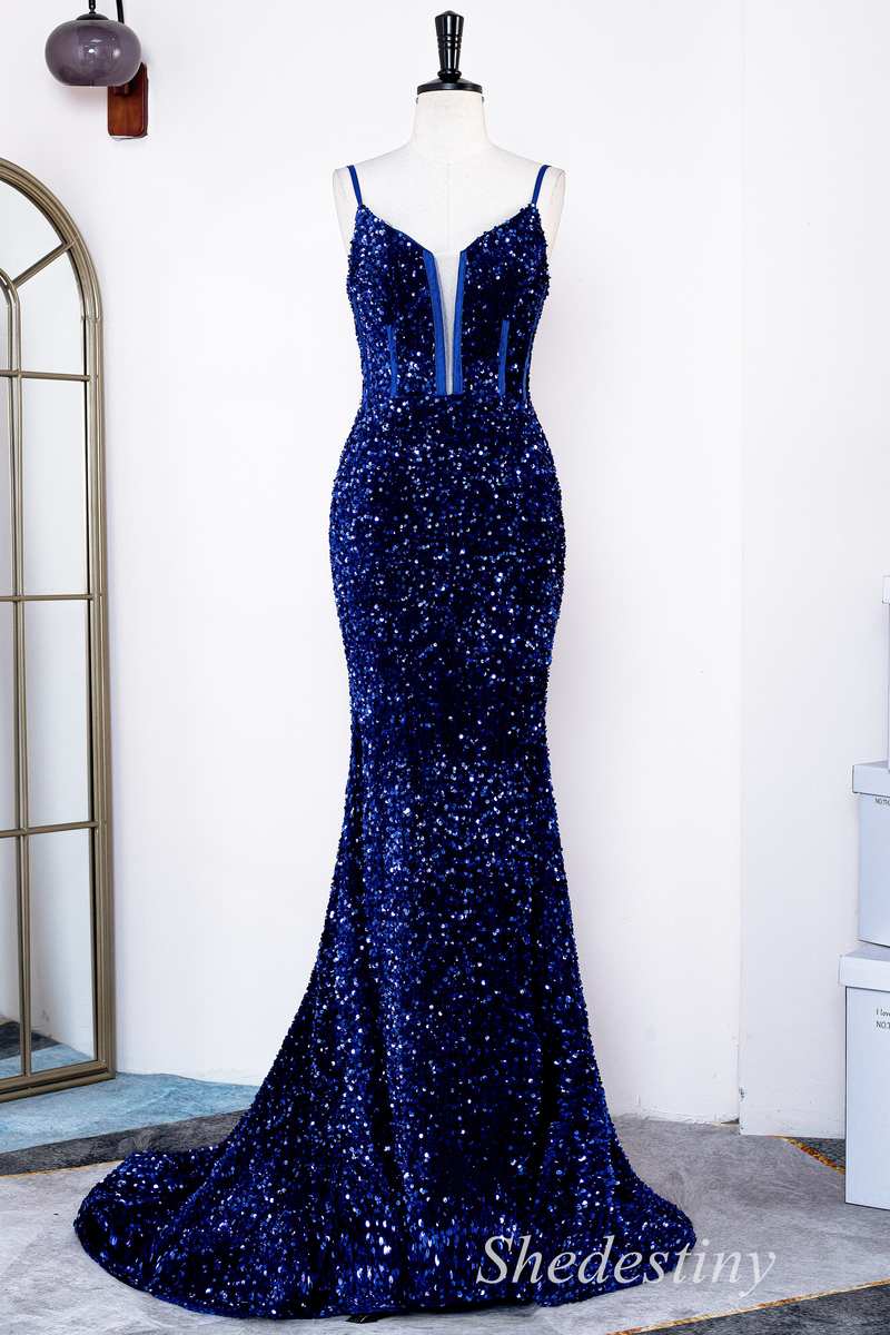 Royal Blue Sequin Spaghetti Strap Mermaid Long Gown