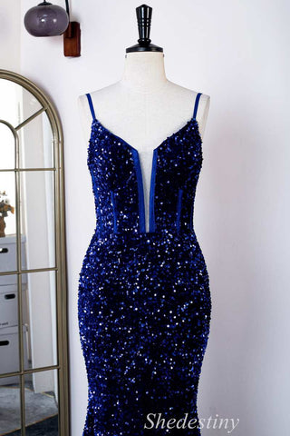 Royal Blue Sequin Spaghetti Strap Mermaid Long Gown