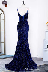 Royal Blue Sequin Spaghetti Strap Mermaid Long Gown