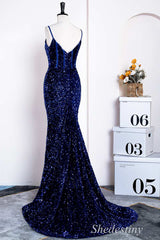 Royal Blue Sequin Spaghetti Strap Mermaid Long Gown