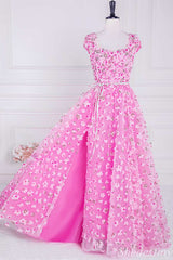 Pink 3D Floral Lace A-Line Long Prom Dress with Cap Sleeves