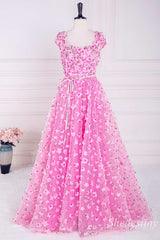 Pink 3D Floral Lace A-Line Long Prom Dress with Cap Sleeves