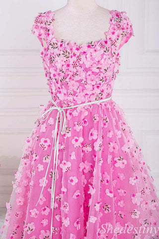 Pink 3D Floral Lace A-Line Long Prom Dress with Cap Sleeves