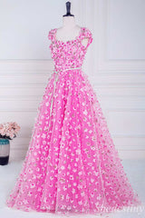 Pink 3D Floral Lace A-Line Long Prom Dress with Cap Sleeves