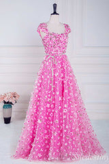 Pink 3D Floral Lace A-Line Long Prom Dress with Cap Sleeves