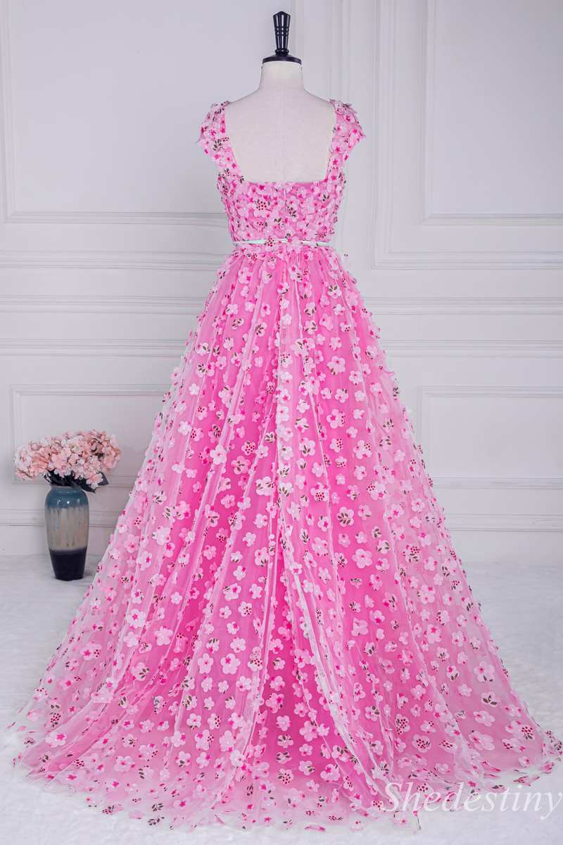 Pink 3D Floral Lace A-Line Long Prom Dress with Cap Sleeves