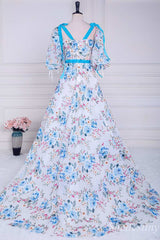 Floral Print V-Neck A-Line Long Prom Dress with Detachable Sleeves