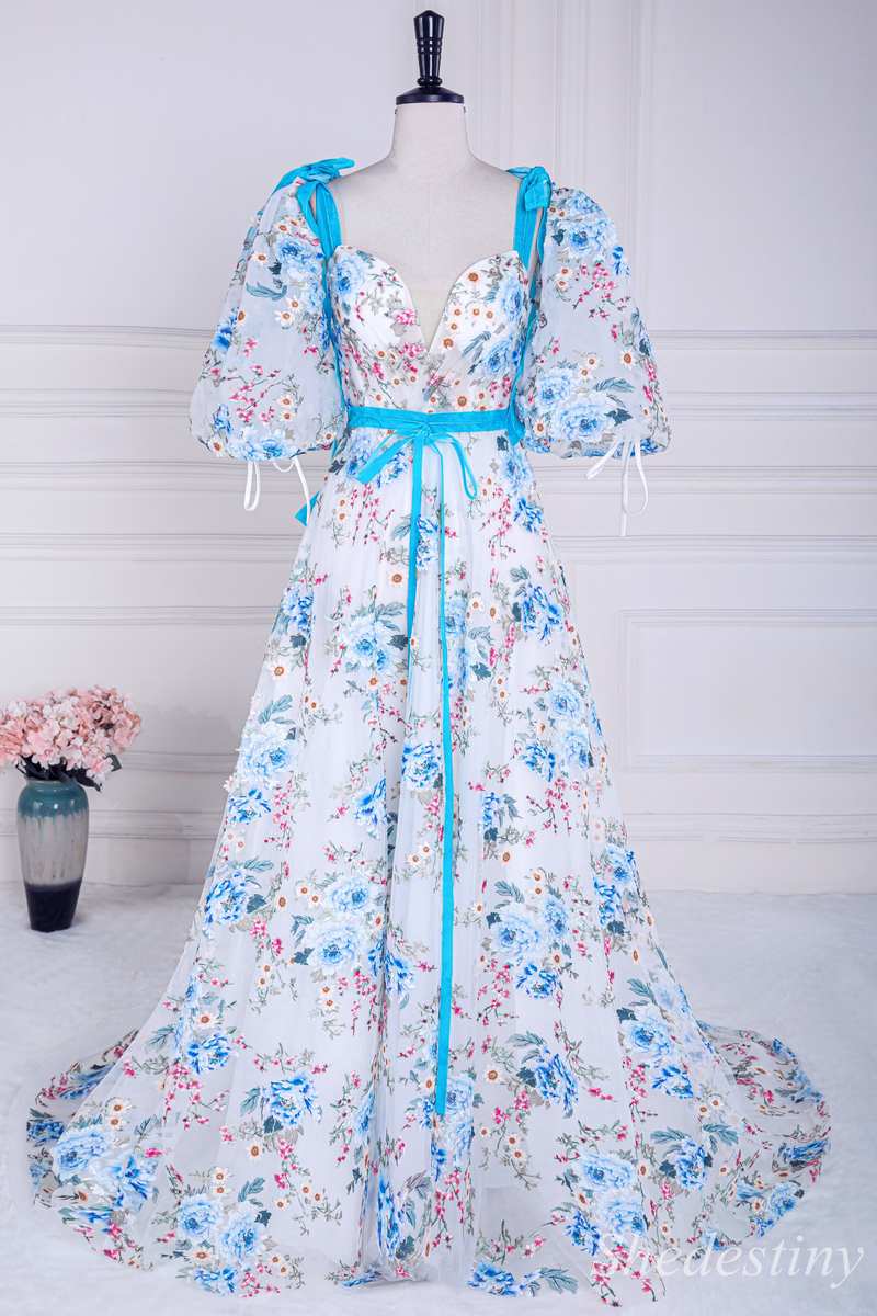 Floral Print V-Neck A-Line Long Prom Dress with Detachable Sleeves