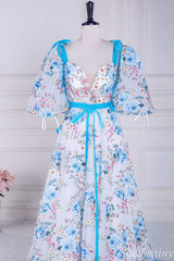 Floral Print V-Neck A-Line Long Prom Dress with Detachable Sleeves