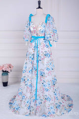 Floral Print V-Neck A-Line Long Prom Dress with Detachable Sleeves