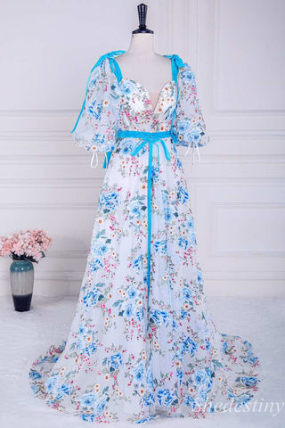 Floral Print V-Neck A-Line Long Prom Dress with Detachable Sleeves