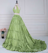 Two-Piece Green V-Neck Ruffle Ball Gown