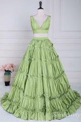 Two-Piece Green V-Neck Ruffle Ball Gown