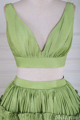 Two-Piece Green V-Neck Ruffle Ball Gown