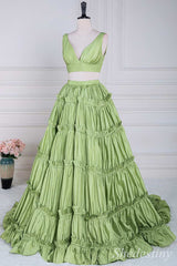 Two-Piece Green V-Neck Ruffle Ball Gown