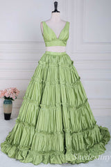 Two-Piece Green V-Neck Ruffle Ball Gown