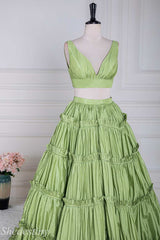 Two-Piece Green V-Neck Ruffle Ball Gown