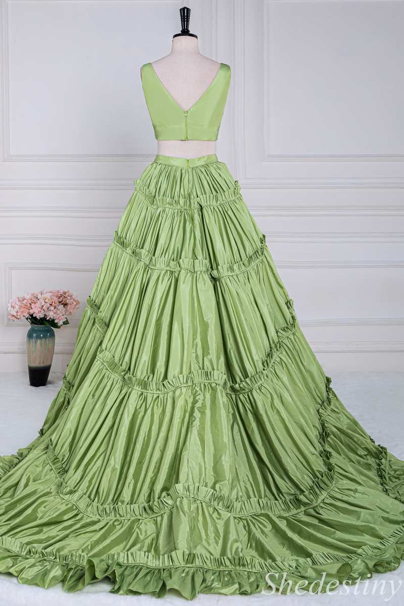 Two-Piece Green V-Neck Ruffle Ball Gown