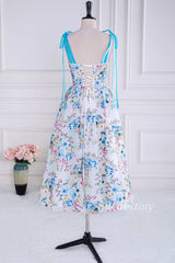 Floral Print Sweetheart Lace-Up Tea-Length Formal Dress