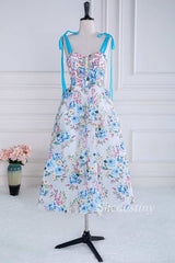 Floral Print Sweetheart Lace-Up Tea-Length Formal Dress