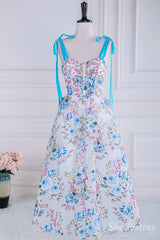 Floral Print Sweetheart Lace-Up Tea-Length Formal Dress