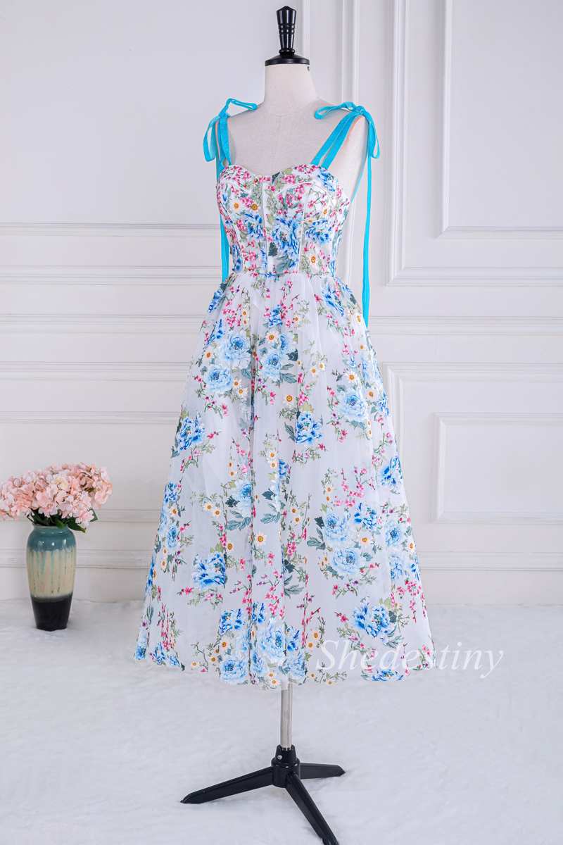 Floral Print Sweetheart Lace-Up Tea-Length Formal Dress