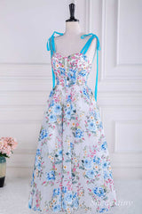 Floral Print Sweetheart Lace-Up Tea-Length Formal Dress