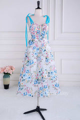 Floral Print Sweetheart Lace-Up Tea-Length Formal Dress