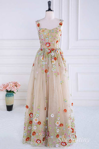Nude Sequin Appliques Sweetheart A-Line Long Prom Dress
